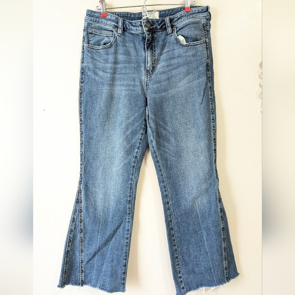 FREE PEOPLE Riveted Flare Jeans, Fray Hem, Denim, Size 31